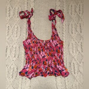 Free People Pink and Red Sleeveless Tie Tank Top